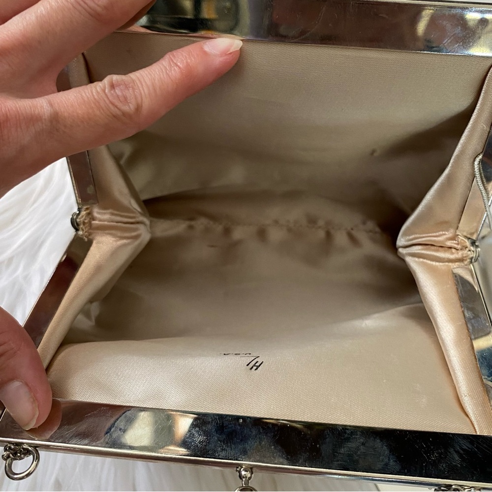 Vintage HL USA Satin Handbag Set Coin Purse Mirror Silver Convertible Chain VTG - Picture 8 of 16